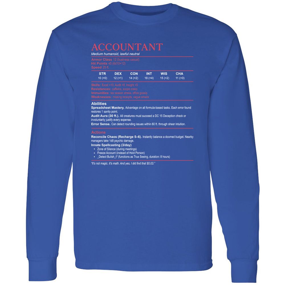 Accountant Stats Long Sleeve T-Shirt - Royal - 8