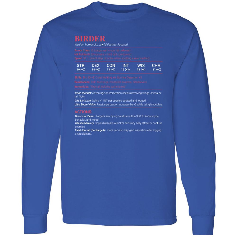 Birder Stats Long Sleeve T-Shirt - Royal - 8