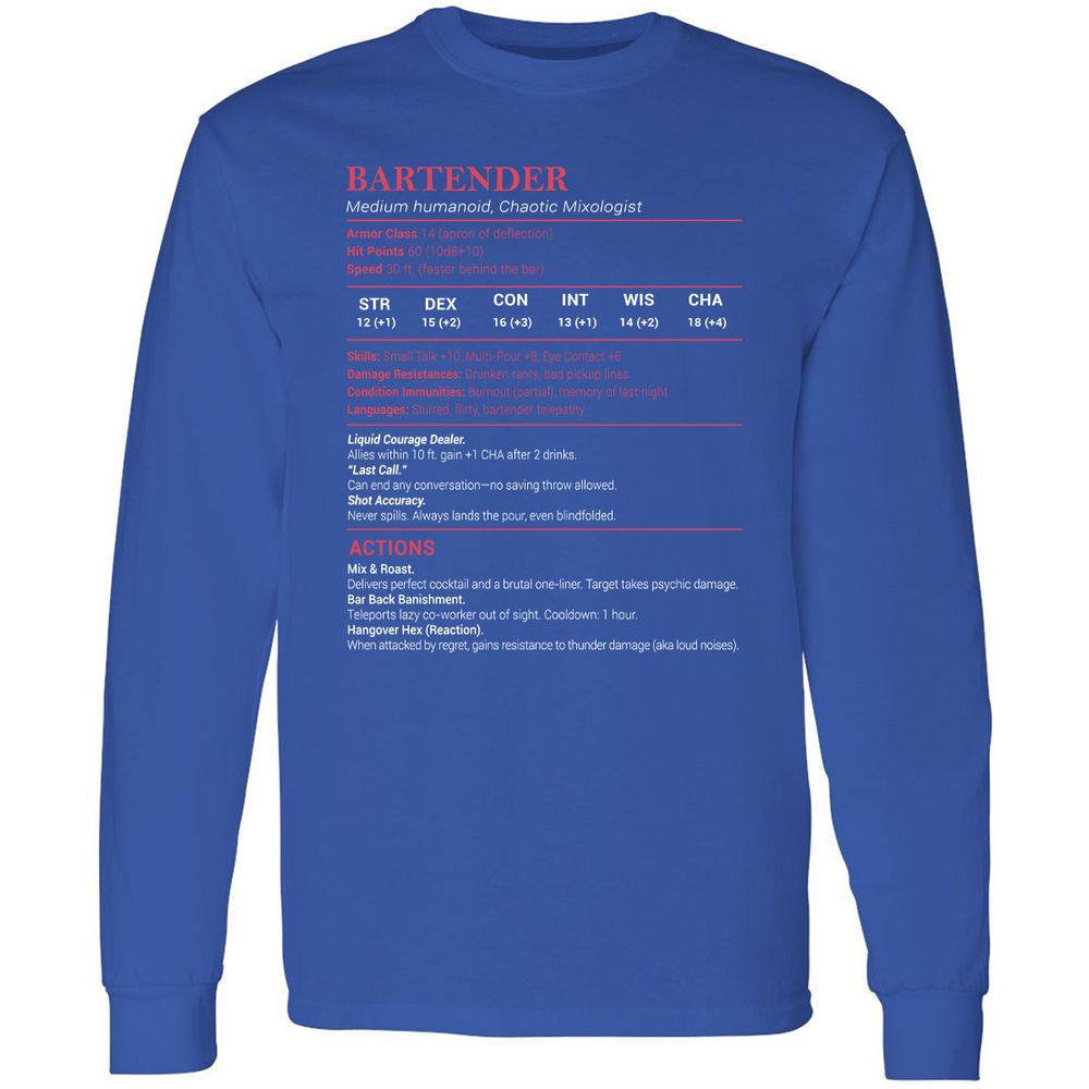 Bartender Stats Long Sleeve T-Shirt - Royal - 8