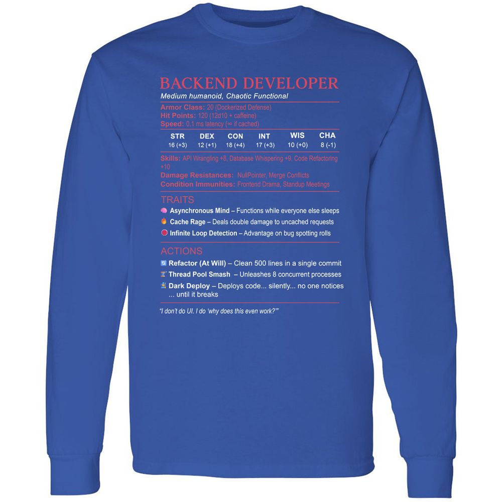 Backend Developer Stats Long Sleeve T-Shirt - Royal - 8