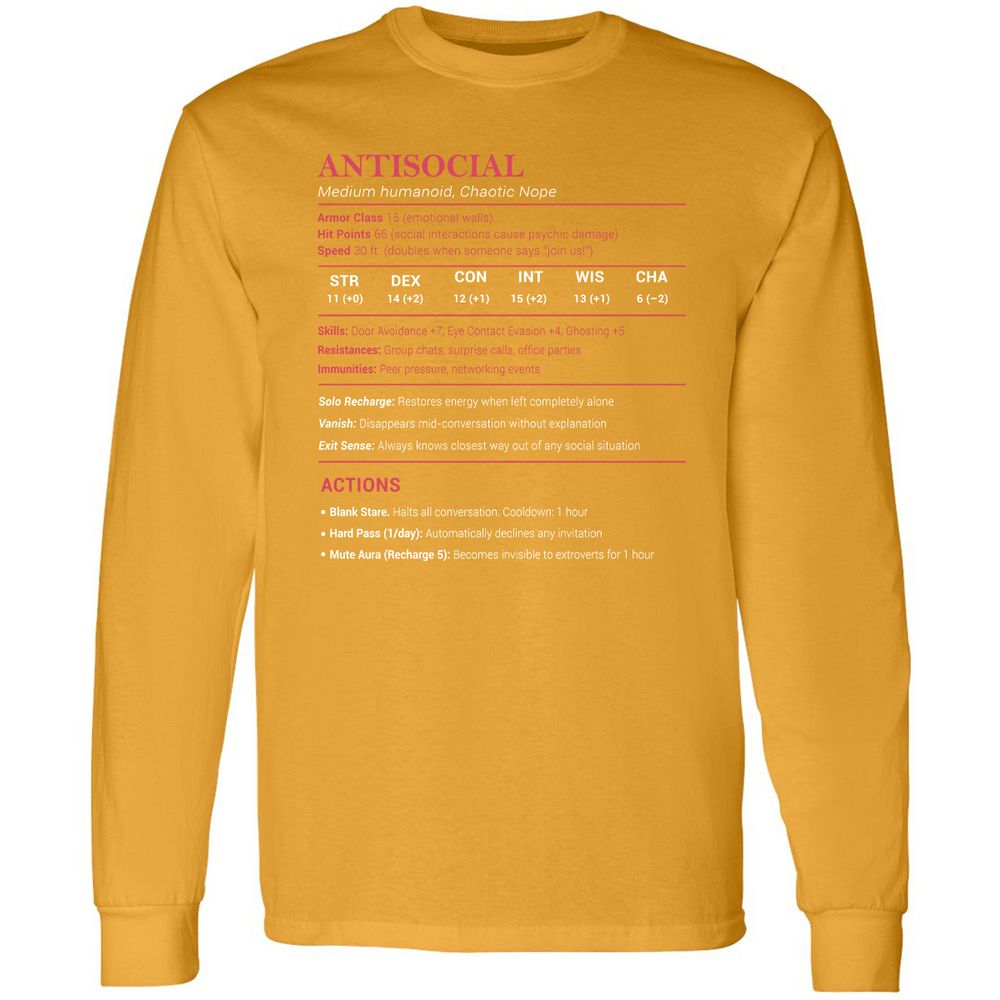 Antisocial Stats Long Sleeve T-Shirt - Gold - 9