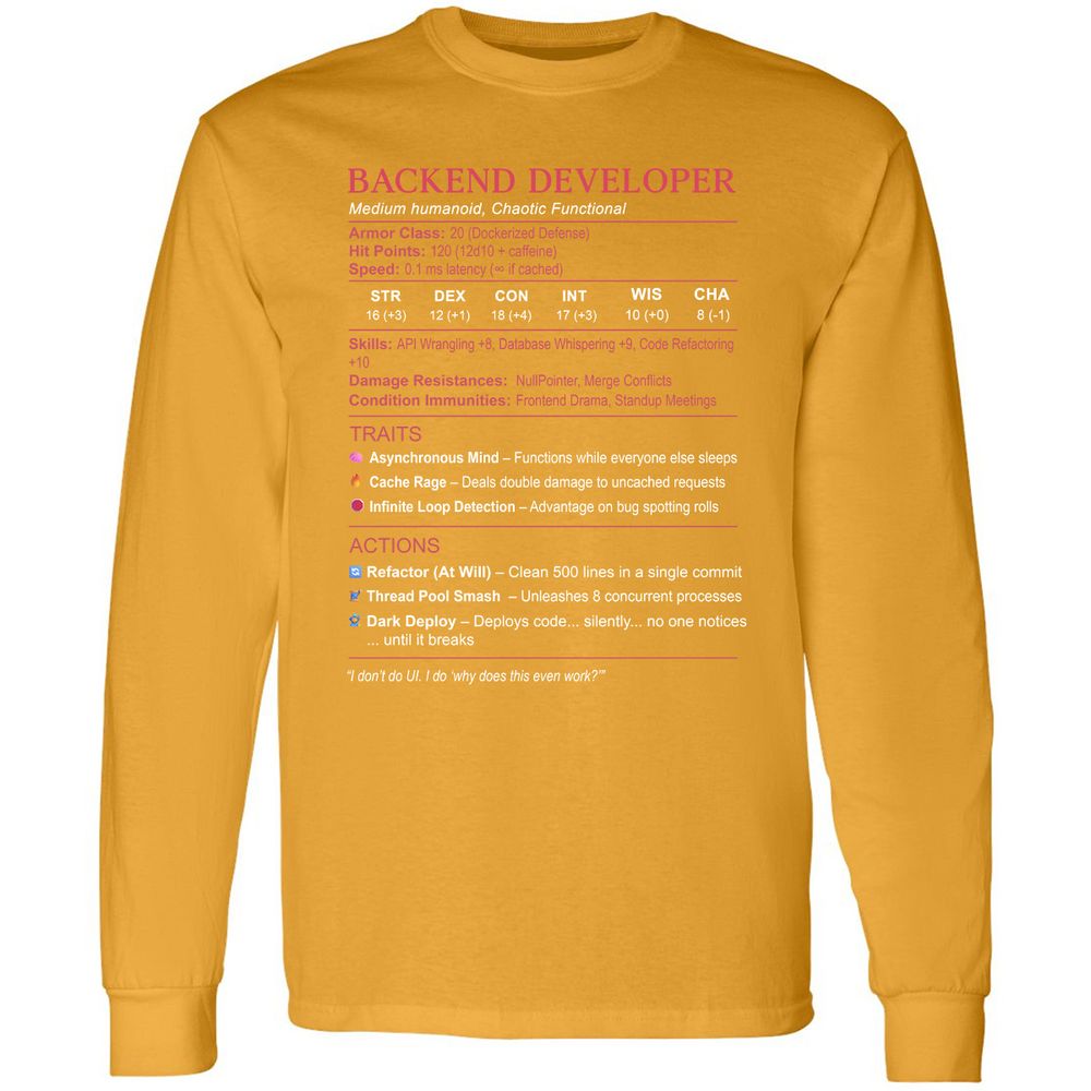Backend Developer Stats Long Sleeve T-Shirt - Gold - 9
