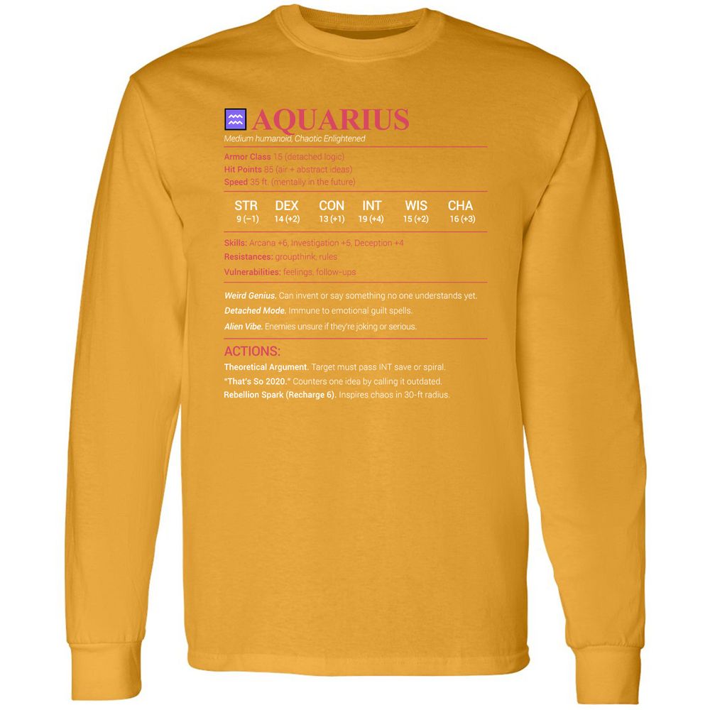 Aquarius Stats Long Sleeve T-Shirt - Gold - 9