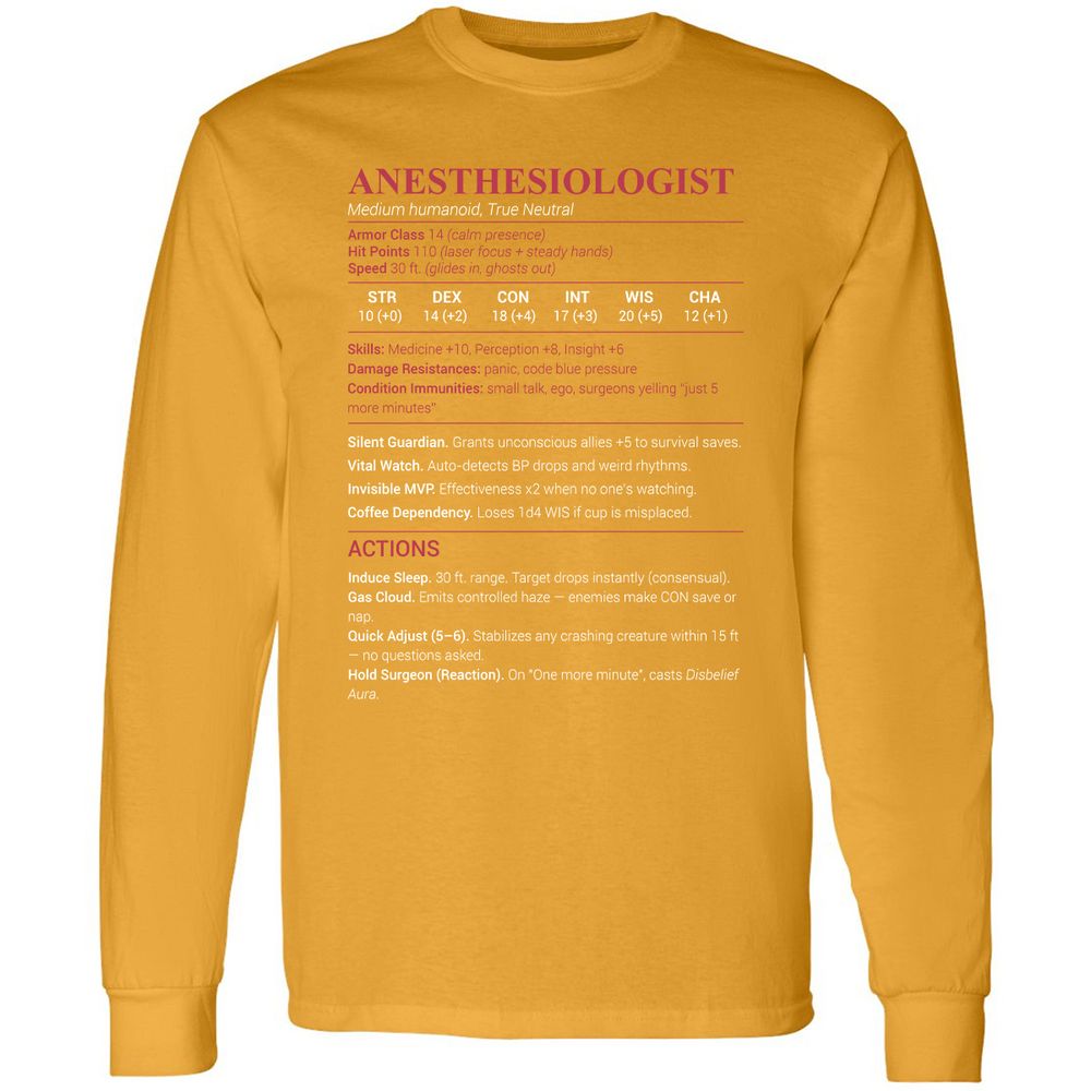 Anesthesiologist Stats Long Sleeve T-Shirt - Gold - 9