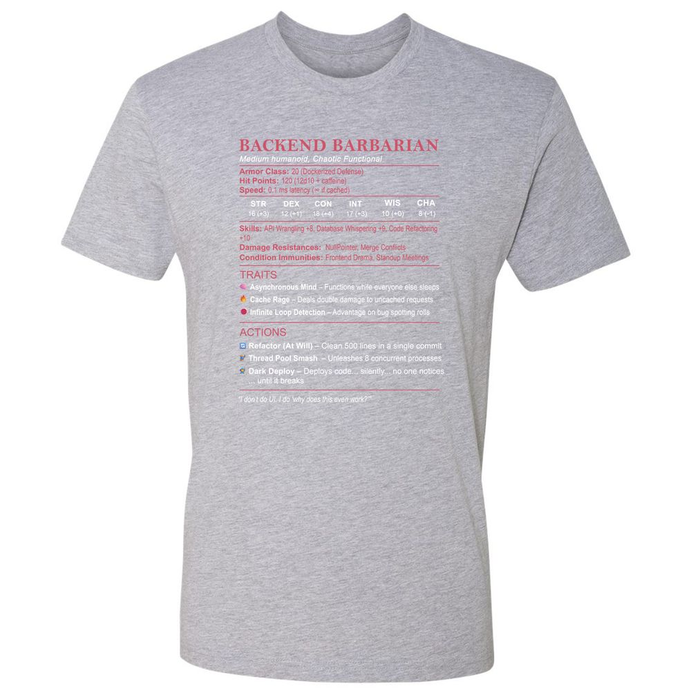 Backend Barbarian Stats Premium Unisex T-Shirt - Heather Grey - 9
