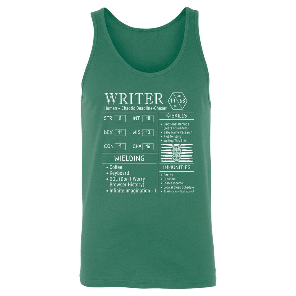 Writer Stats New Unisex Jersey Tank - Kelly - 9