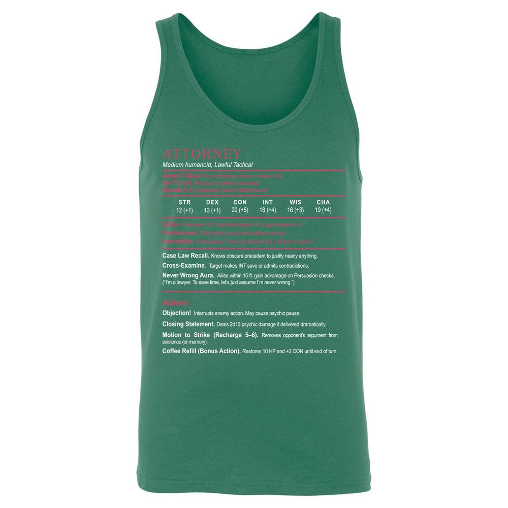 Attorney Unisex Jersey Tank - Kelly - 9