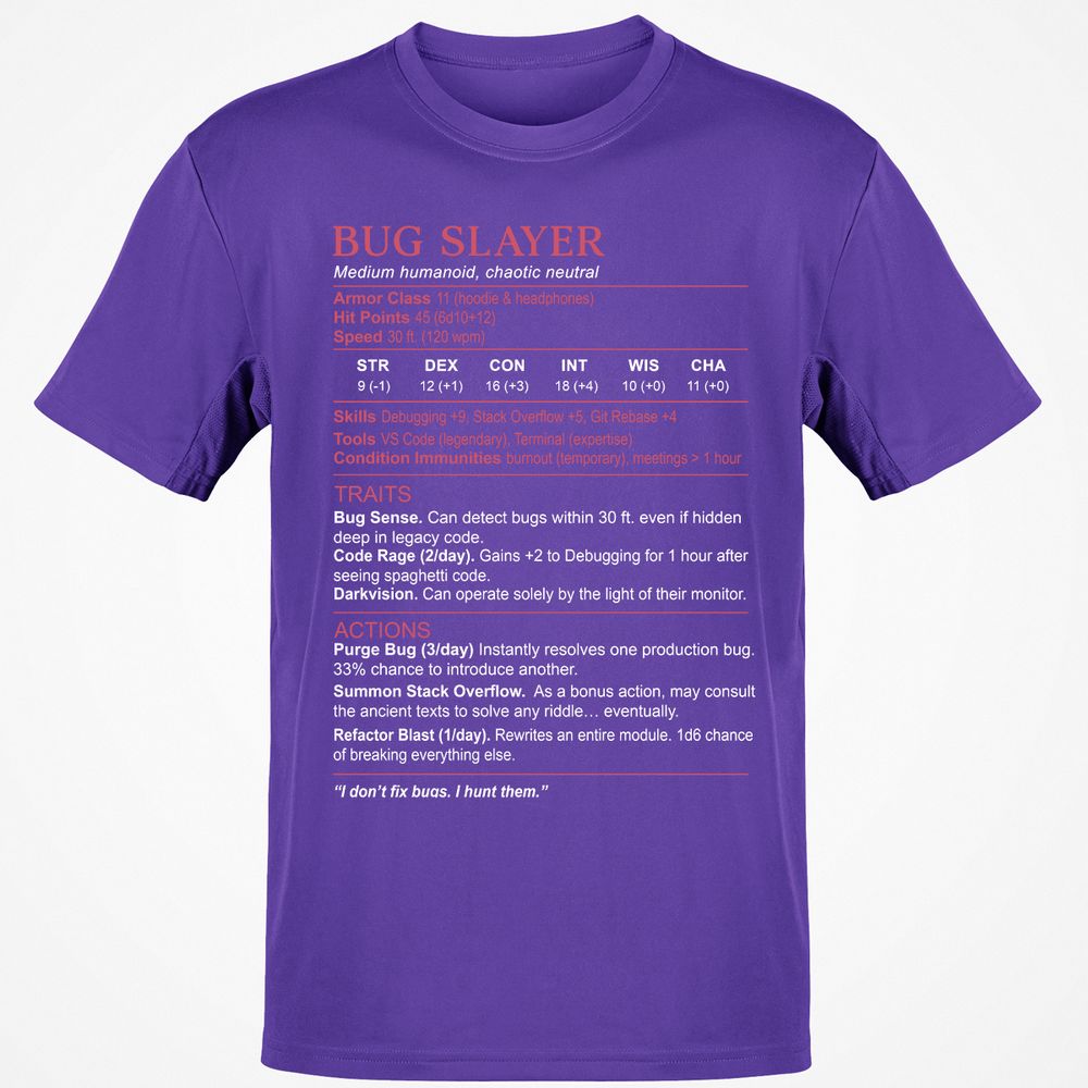 Software Engineer Stats (Bug Slayer) Classic Unisex T-Shirt - Purple - 9