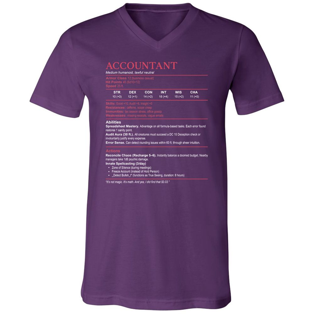 Accountant Stats Unisex V-Neck T-Shirt - Team Purple - 9