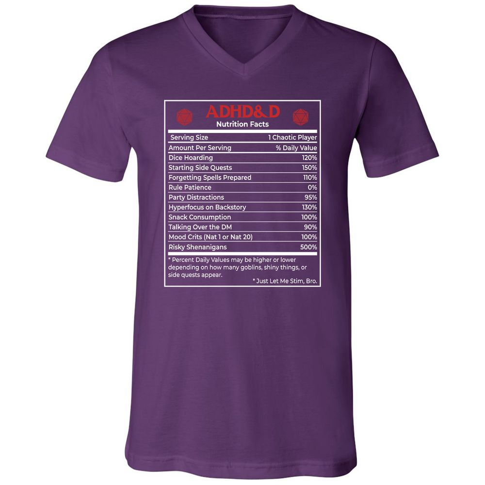 ADHD&D Nutrition Facts Unisex V-Neck T-Shirt - Team Purple - 9