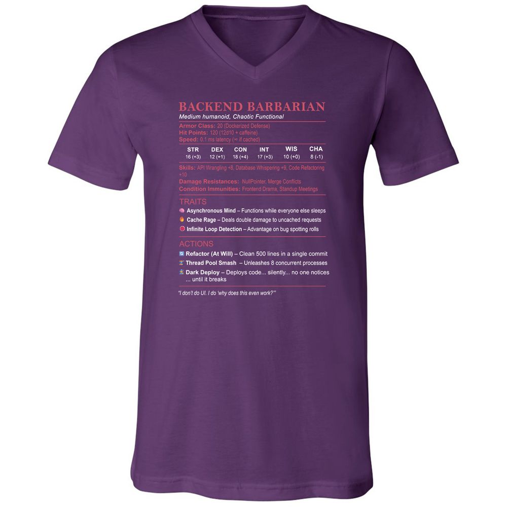 Backend Barbarian Stats Unisex V-Neck T-Shirt - Team Purple - 9