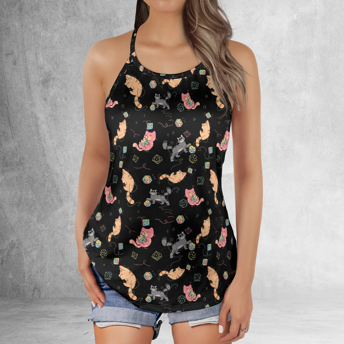 Cat With Dice Criss Cross Tank Top
