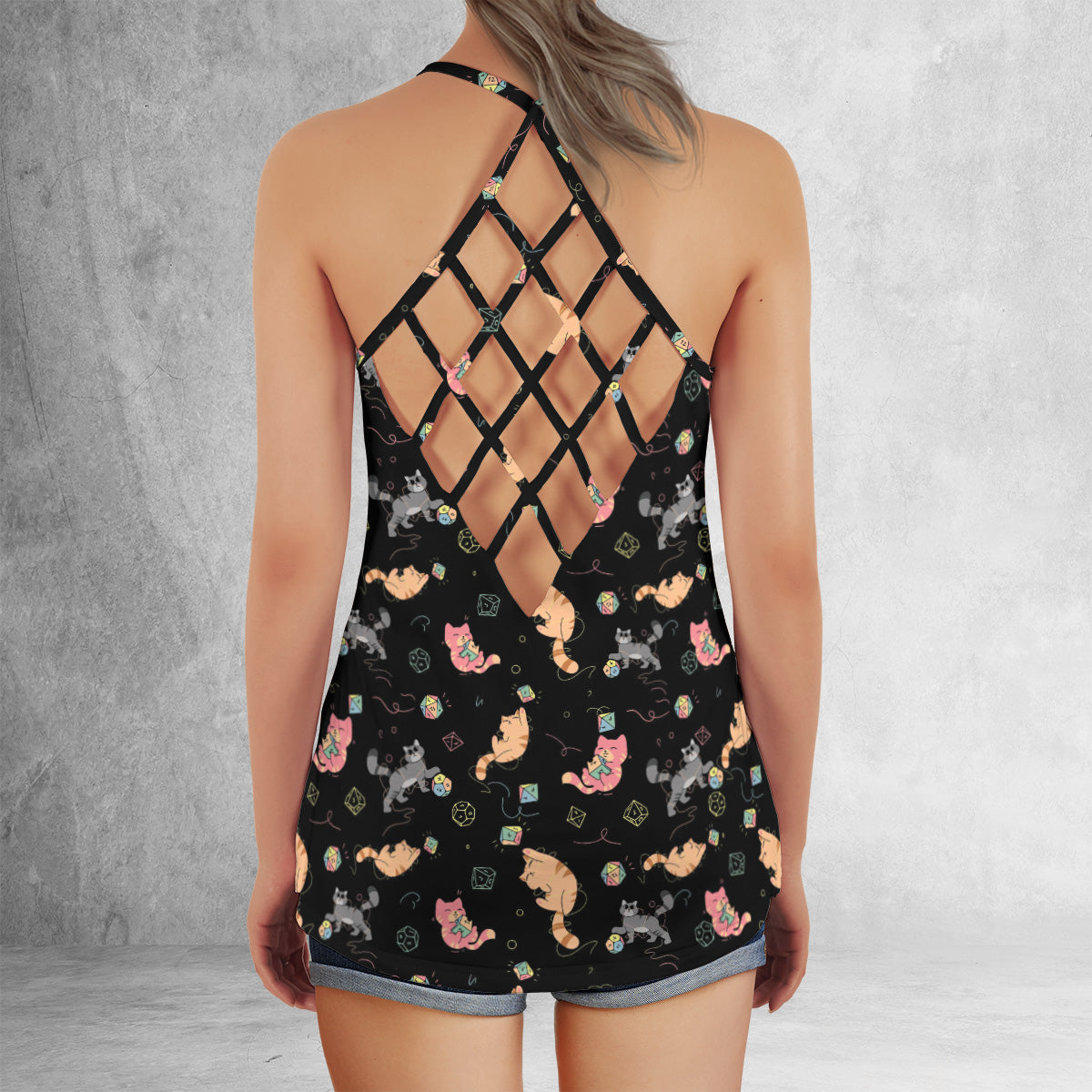 Cat With Dice Criss Cross Tank Top