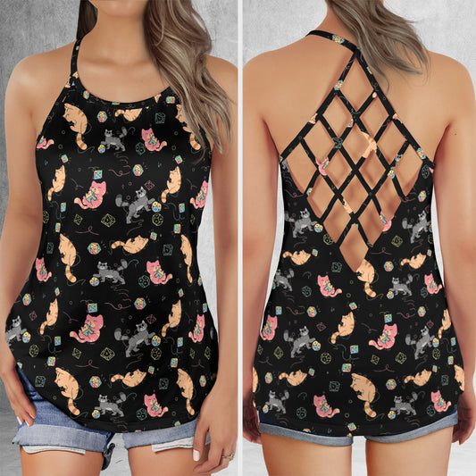 Cat With Dice Criss Cross Tank Top