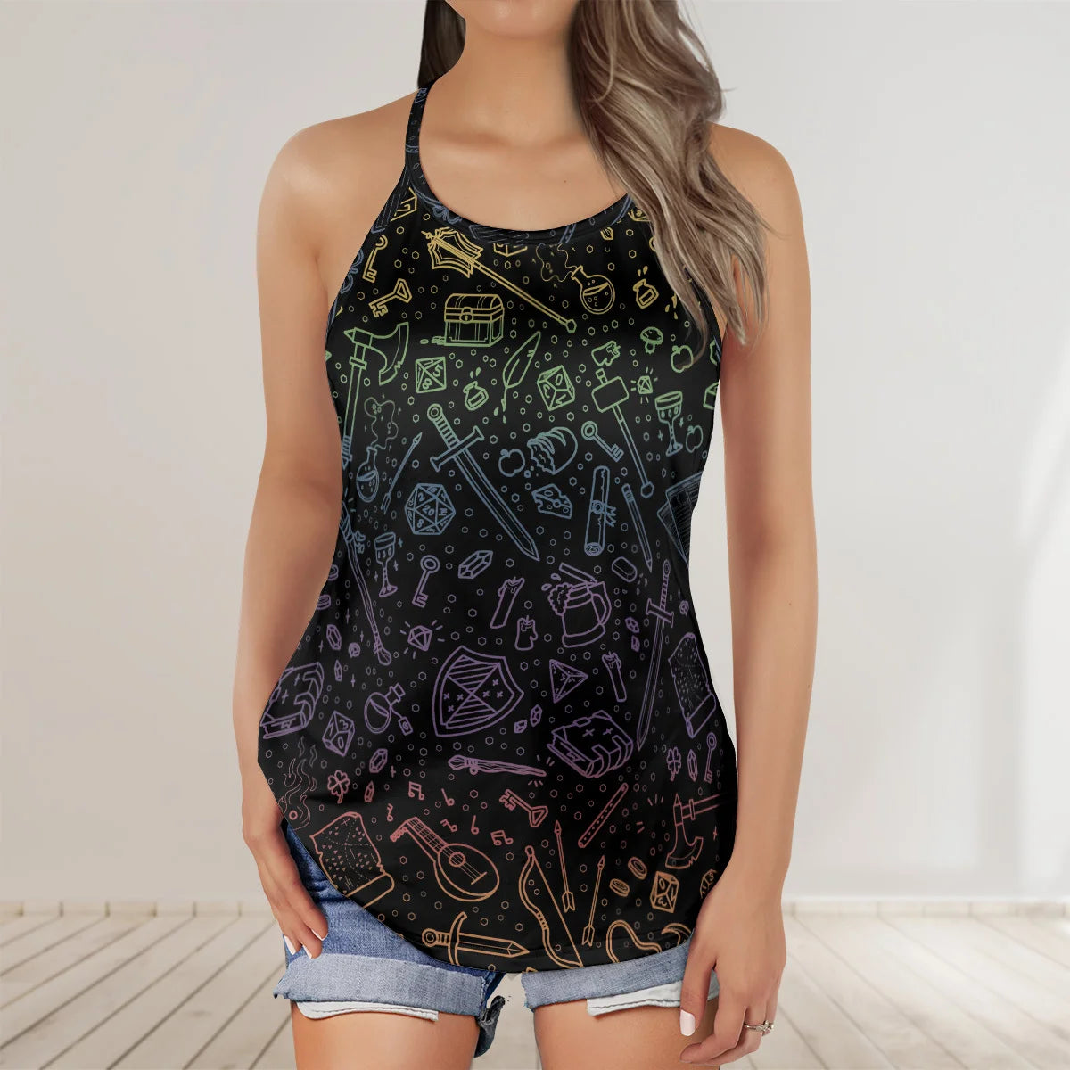 RPG Rainbow Pattern Criss Cross Tank Top