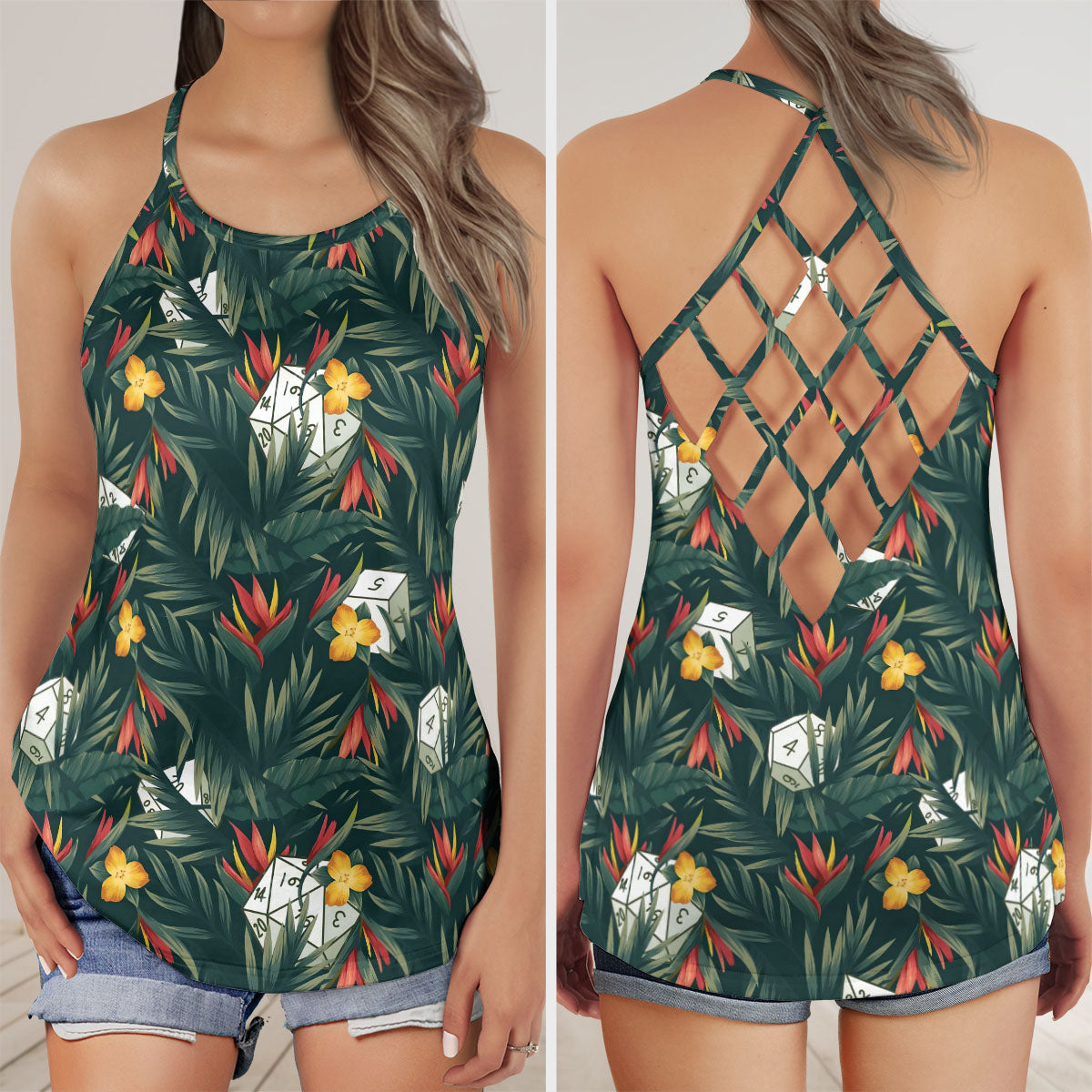 Tropical Dice Pattern Criss Cross Tank Top