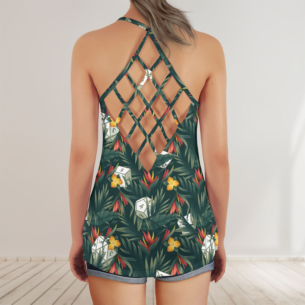 Tropical Dice Pattern Criss Cross Tank Top