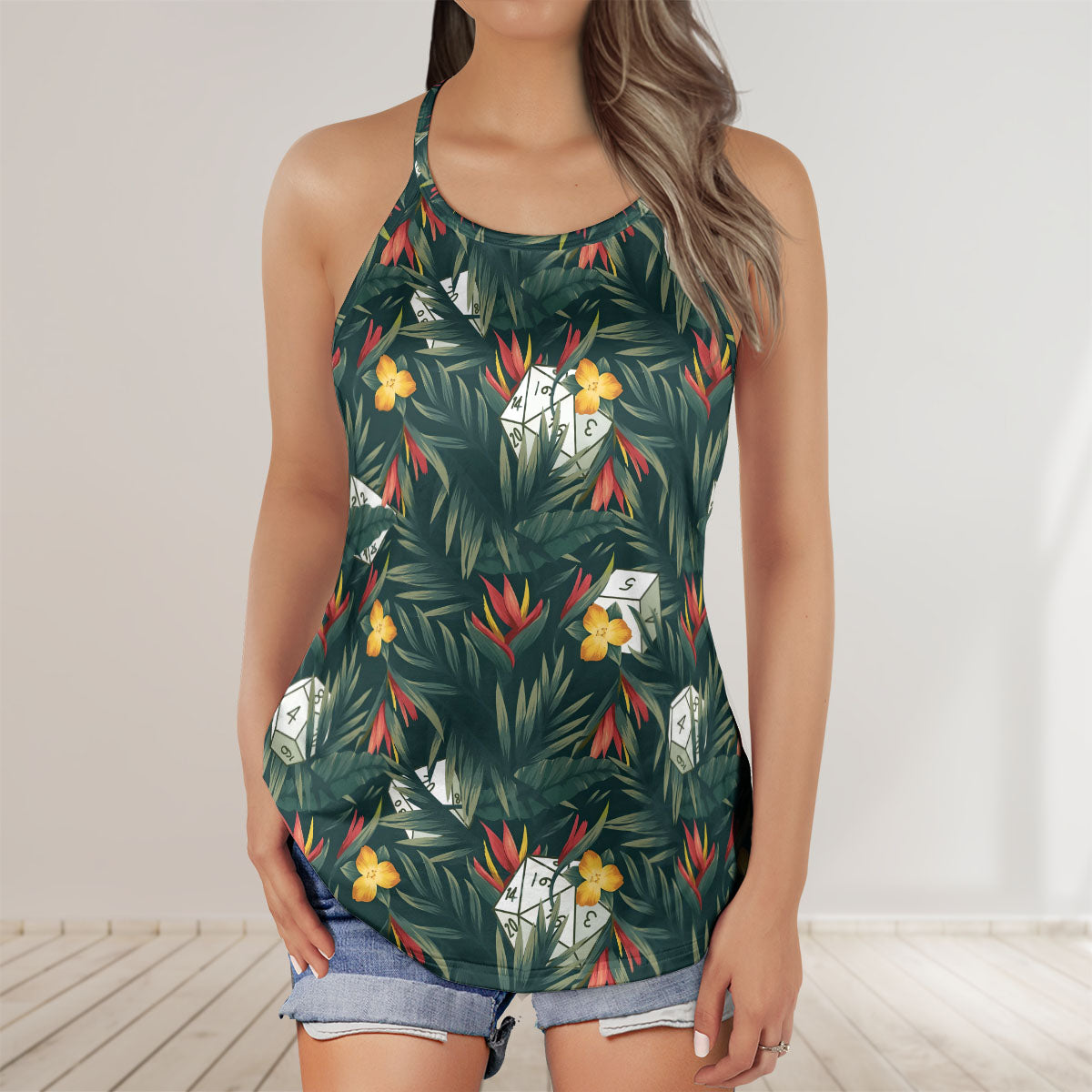 Tropical Dice Pattern Criss Cross Tank Top