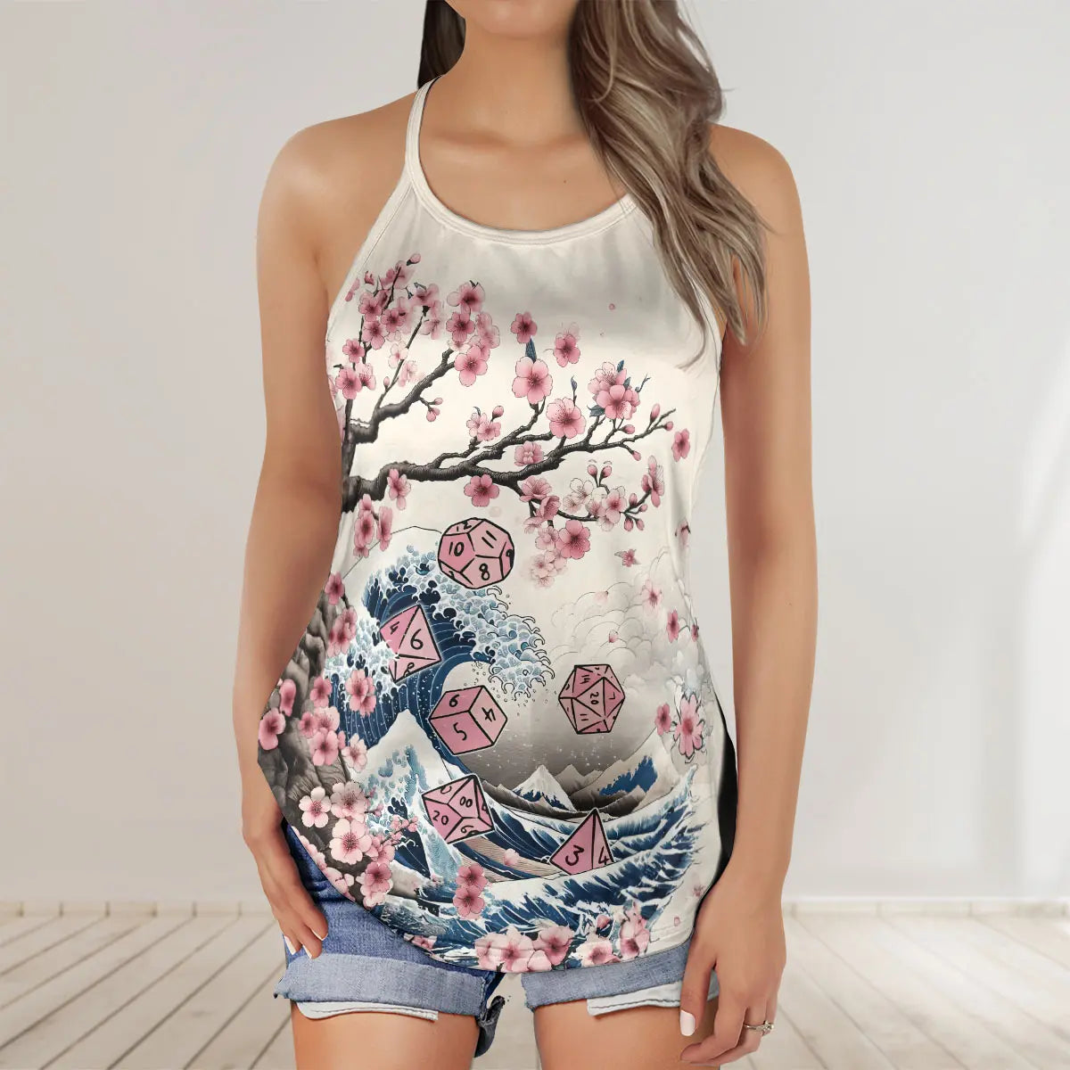 Pink Flower Dice Criss Cross Tank Top
