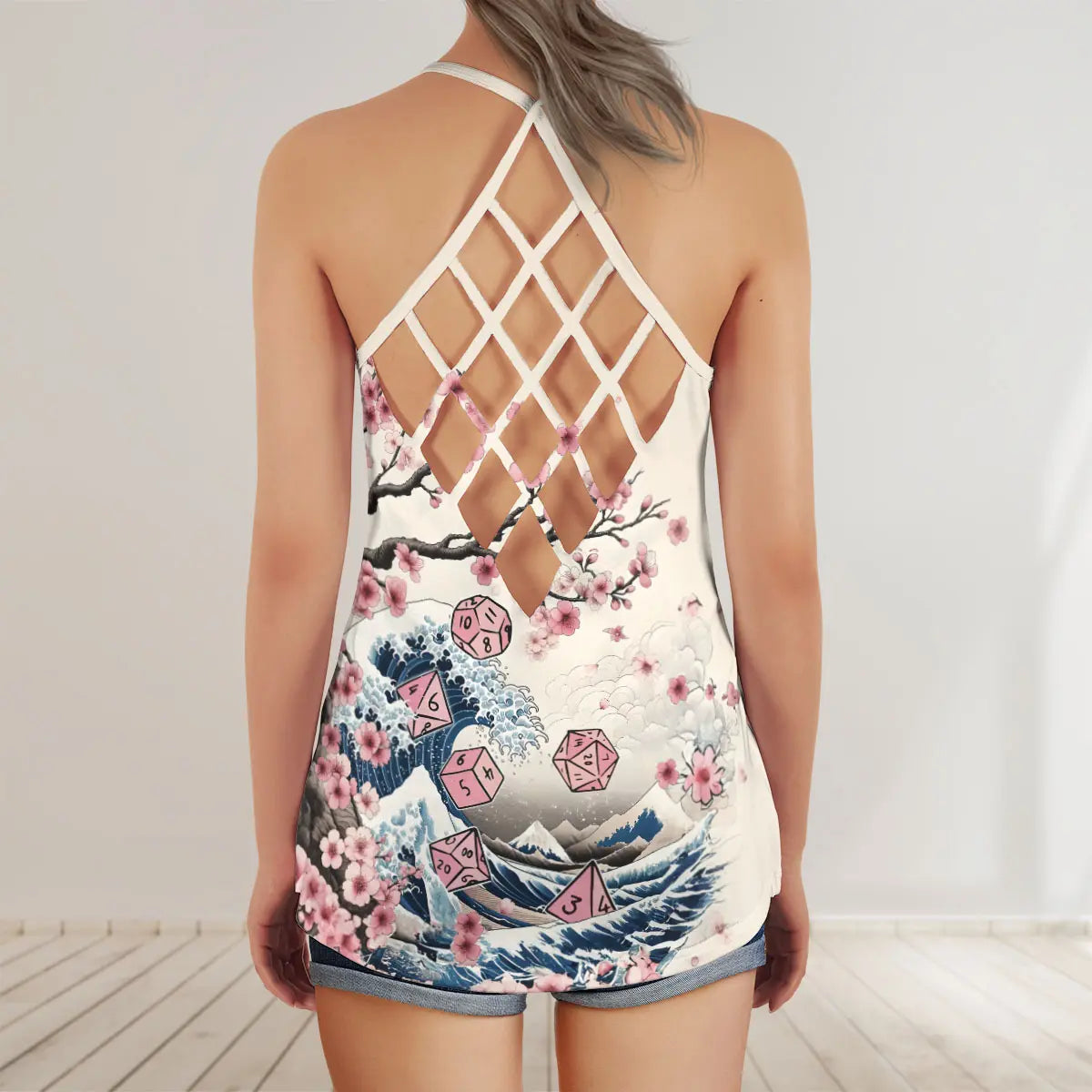 Pink Flower Dice Criss Cross Tank Top