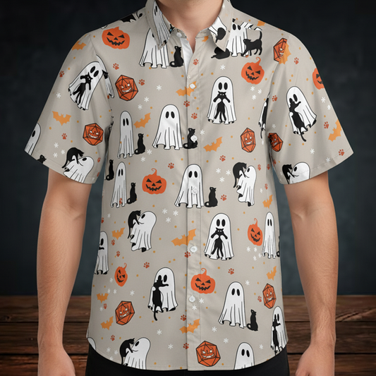 Ghosts, Cats & Pumpkin Dice Button Down Shirt