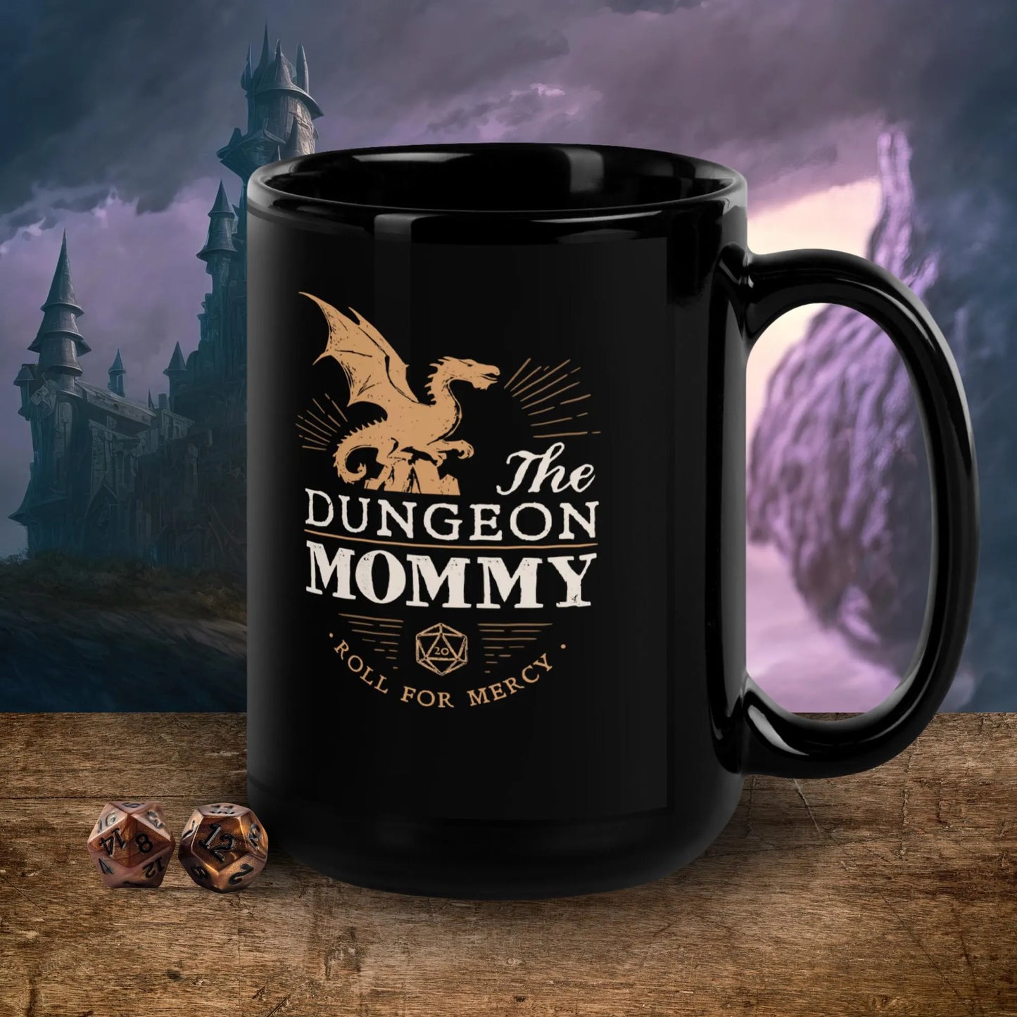 Dungeon Mommy Roll For Mercy Black Ceramic Mug