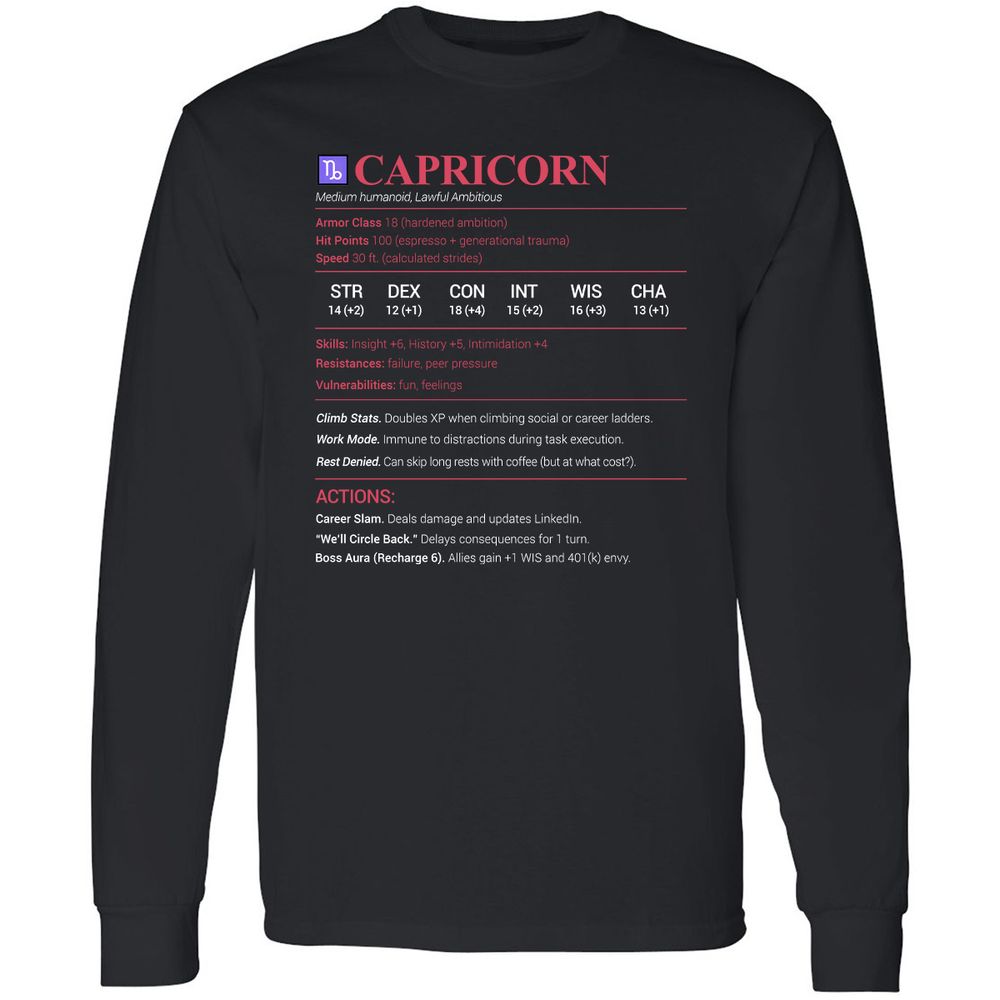 Capricorn Stats Long Sleeve T-Shirt - Black - 1