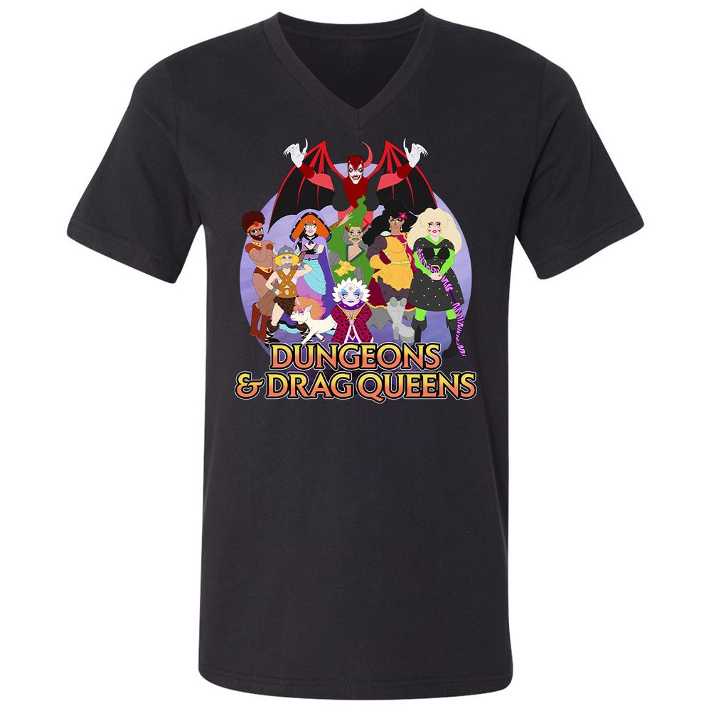 Dungeons n Drag Queens Cartoon Unisex V-Neck T-Shirt - Black - 1
