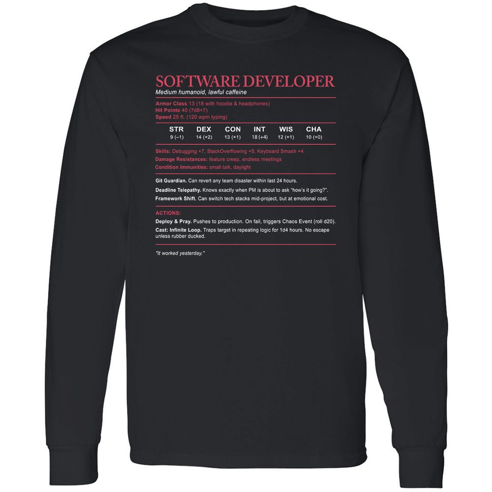 Software Developer Stats Long Sleeve T-Shirt - Black - 1
