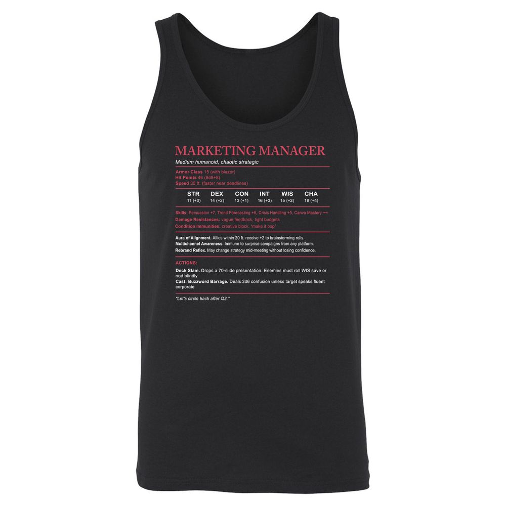 Marketing Manager Stats Unisex Jersey Tank - Black - 1