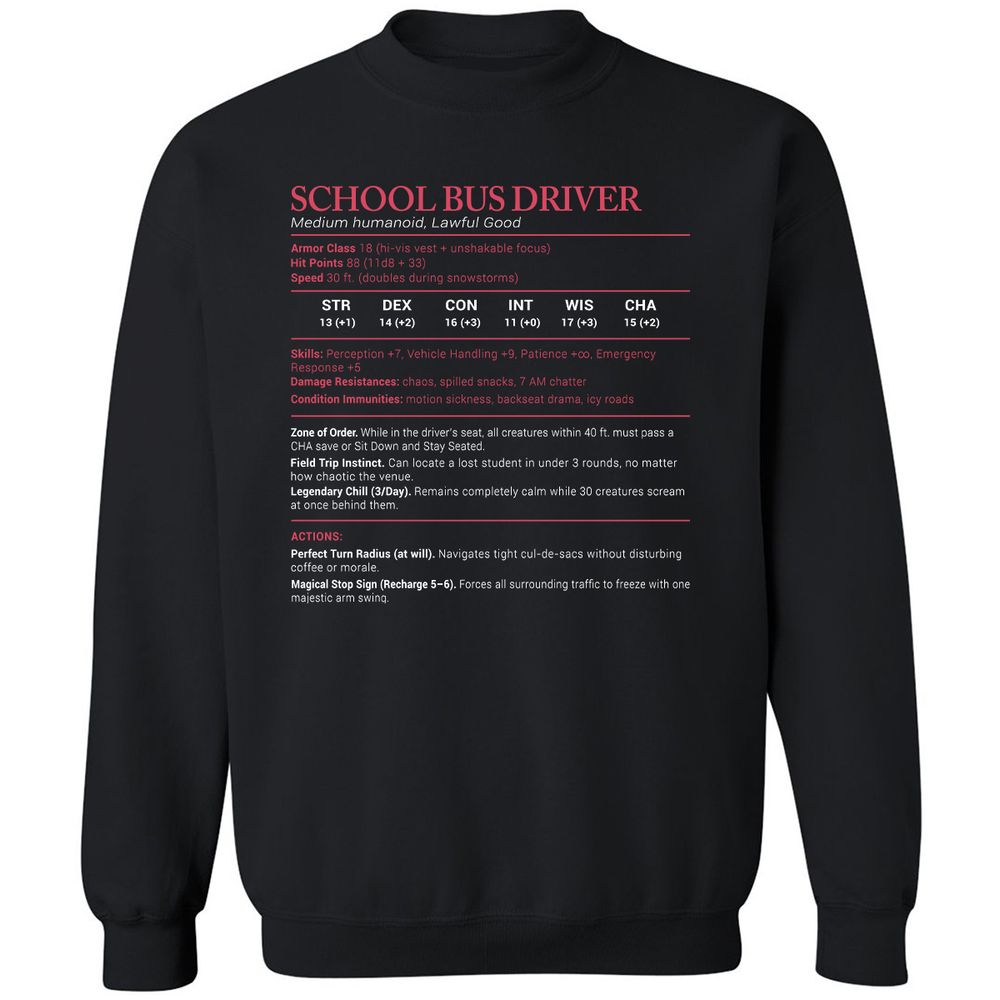 School Bus Driver Stats Classic Unisex Sweatshirt - Black - 1