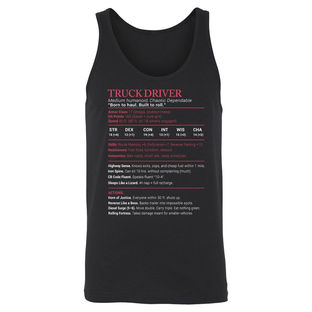 Truck Driver Stats Unisex Jersey Tank - Black - 1