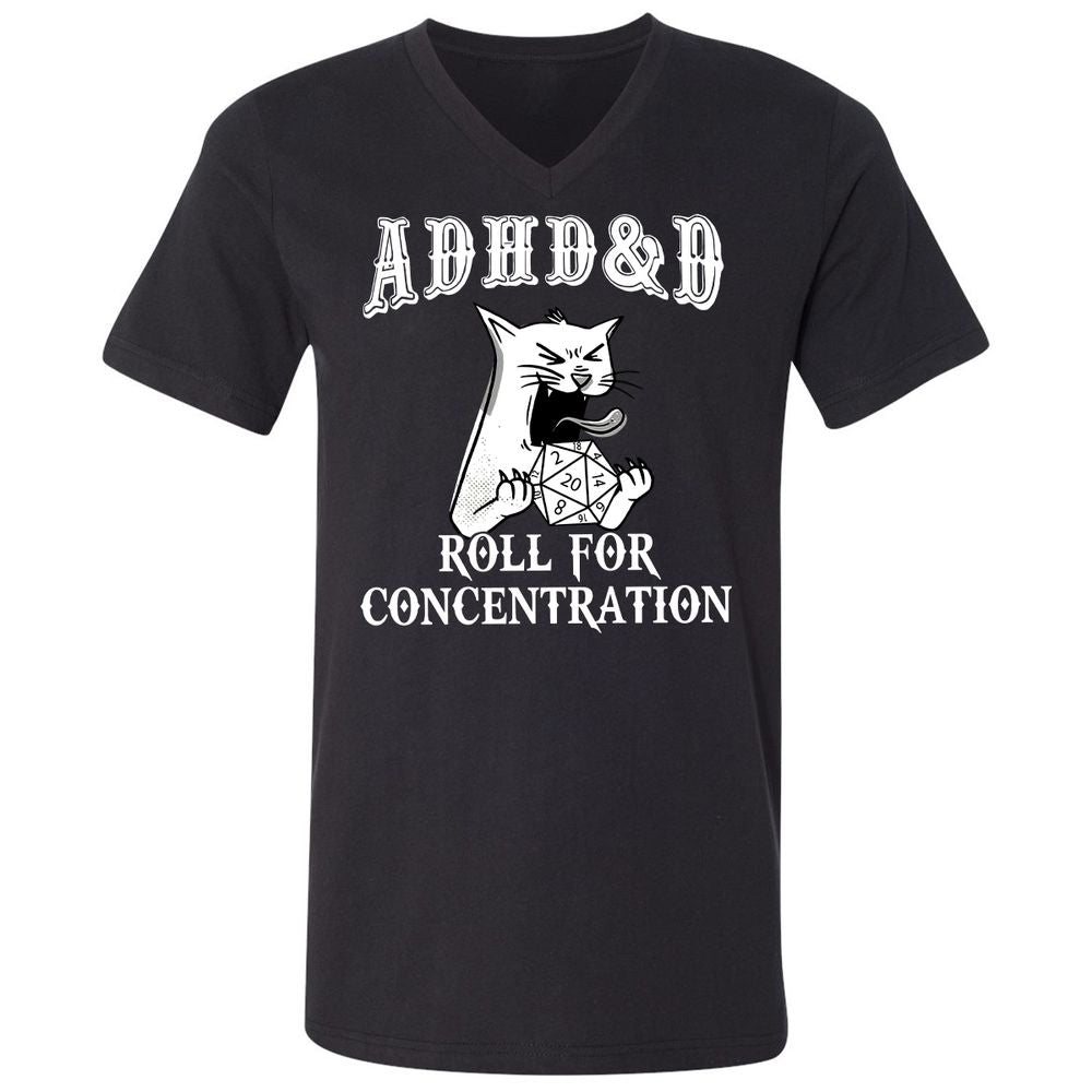 Cat ADHD&D Roll For Concentration Unisex V-Neck T-Shirt - Black - 1