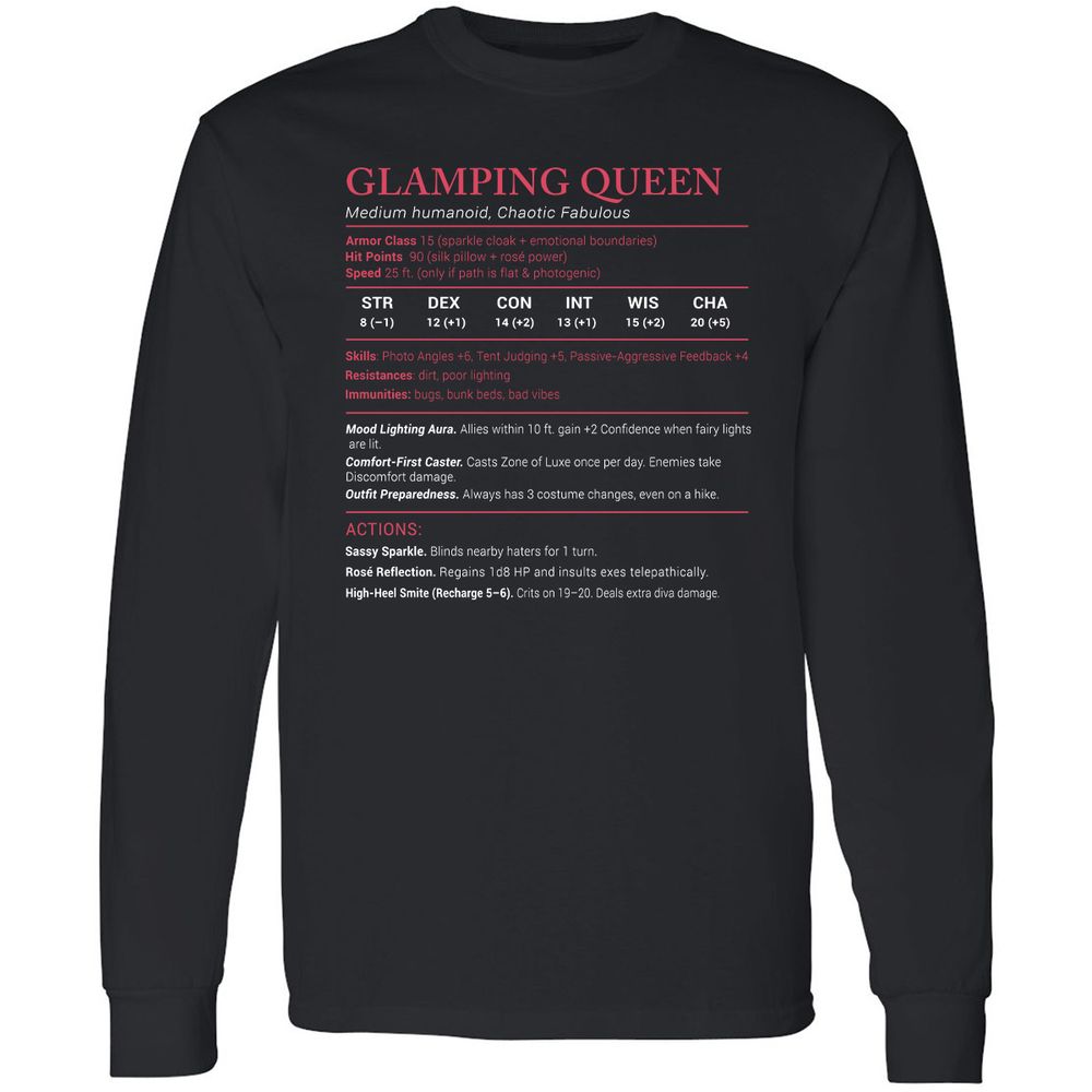 Glamping Queen Stats Long Sleeve T-Shirt - Black - 1
