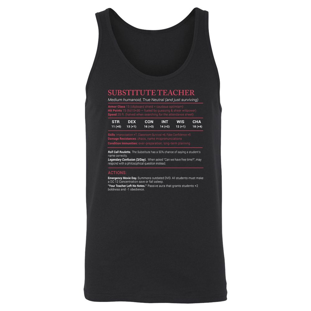 Substitute Teacher Stats Unisex Jersey Tank - Black - 1