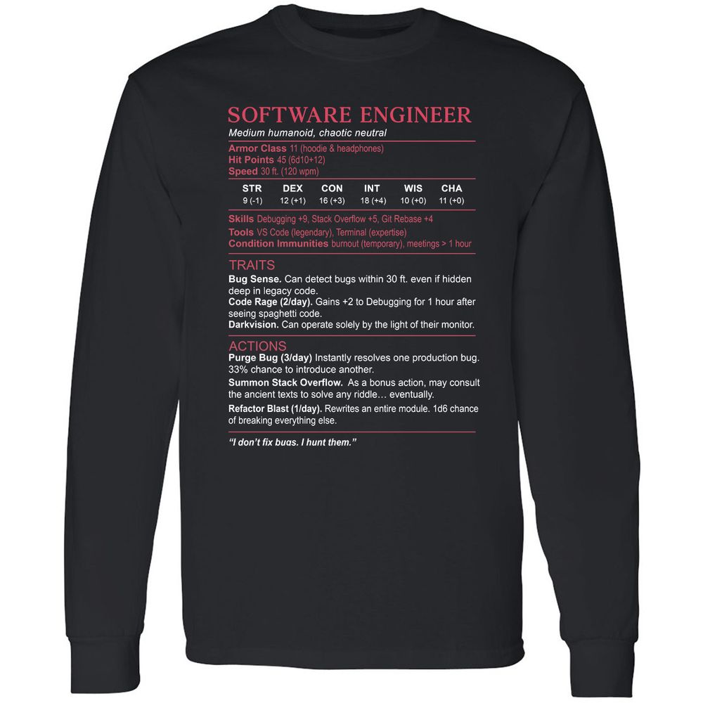 Software Engineer Stats Long Sleeve T-Shirt - Black - 1