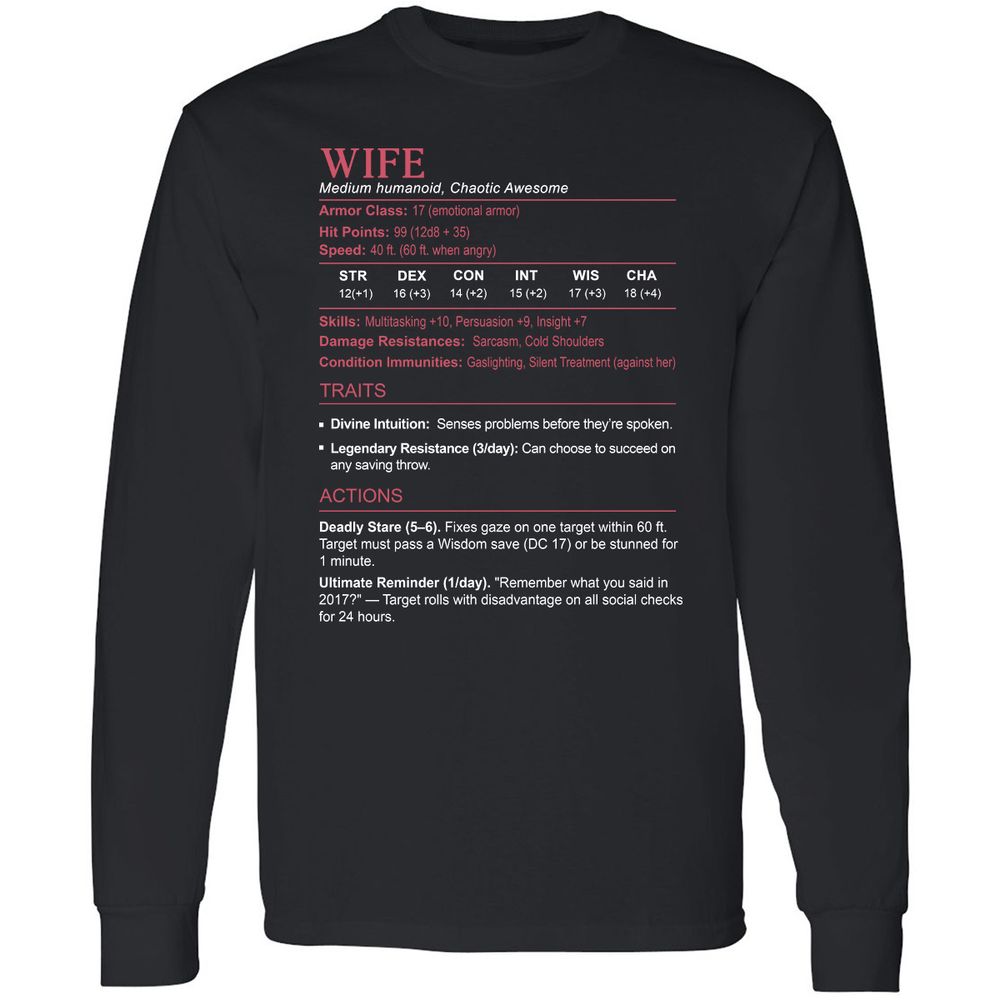 Wife Stats Long Sleeve T-Shirt - Black - 1