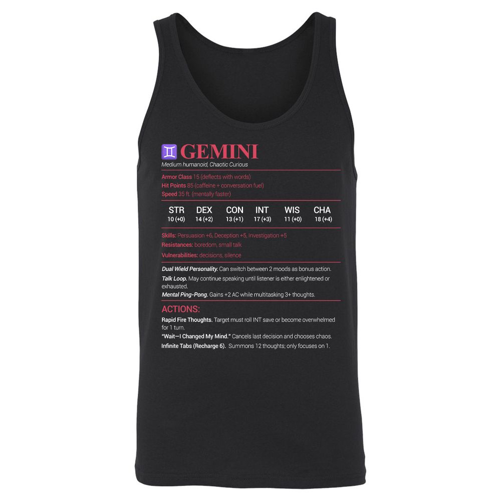 Gemini Stats Unisex Jersey Tank - Black - 1