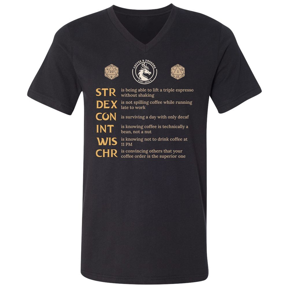 Coffee & Dragons RPG Stats Unisex V-Neck T-Shirt - Black - 1