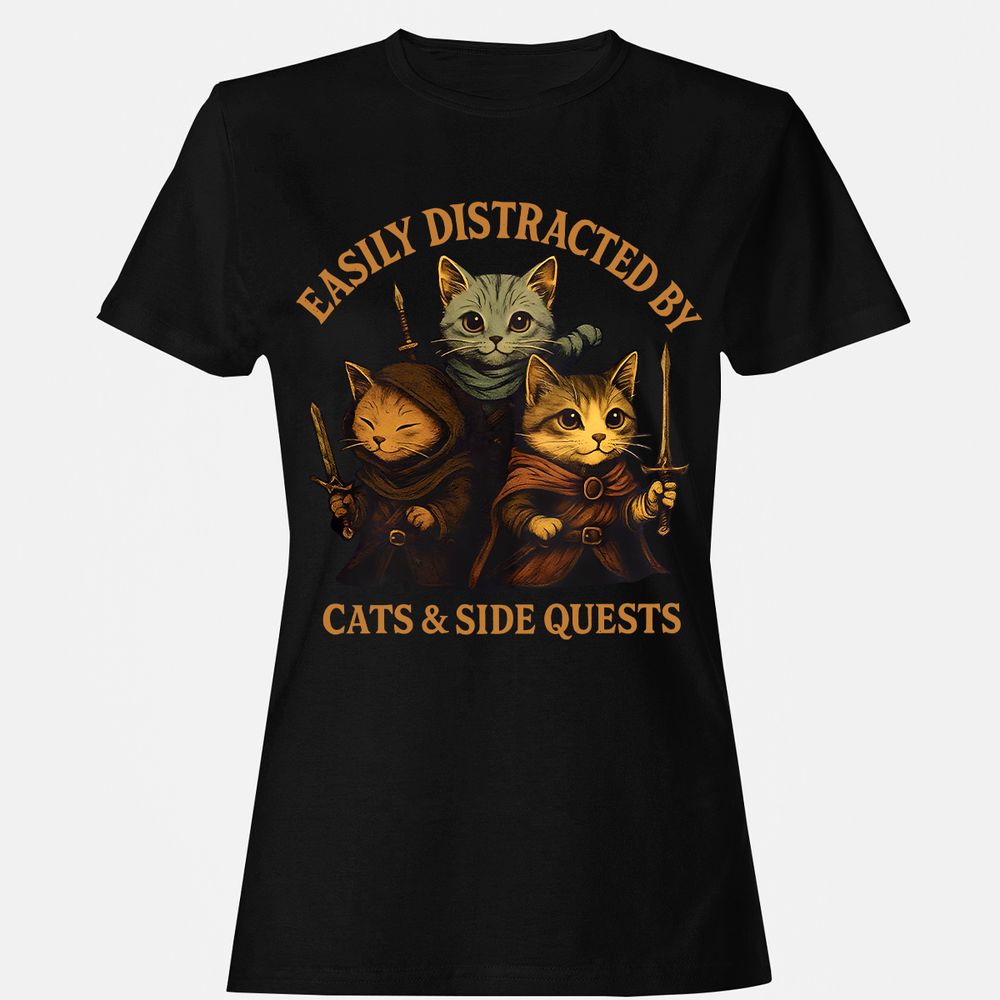 Easily Distracted By Cats & Side Quests Women's T-Shirt - Black - 1