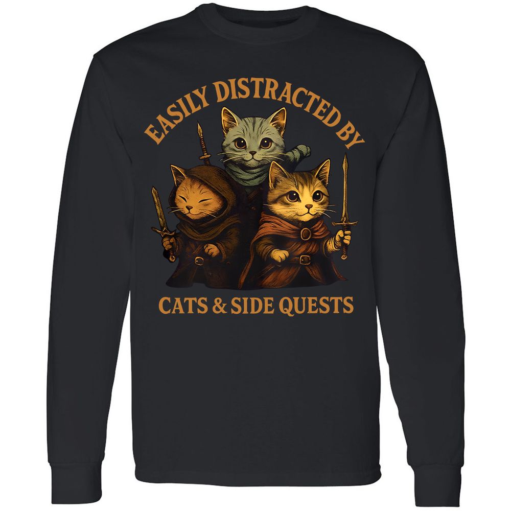 Easily Distracted By Cats & Side Quests Long Sleeve T-Shirt - Black - 1