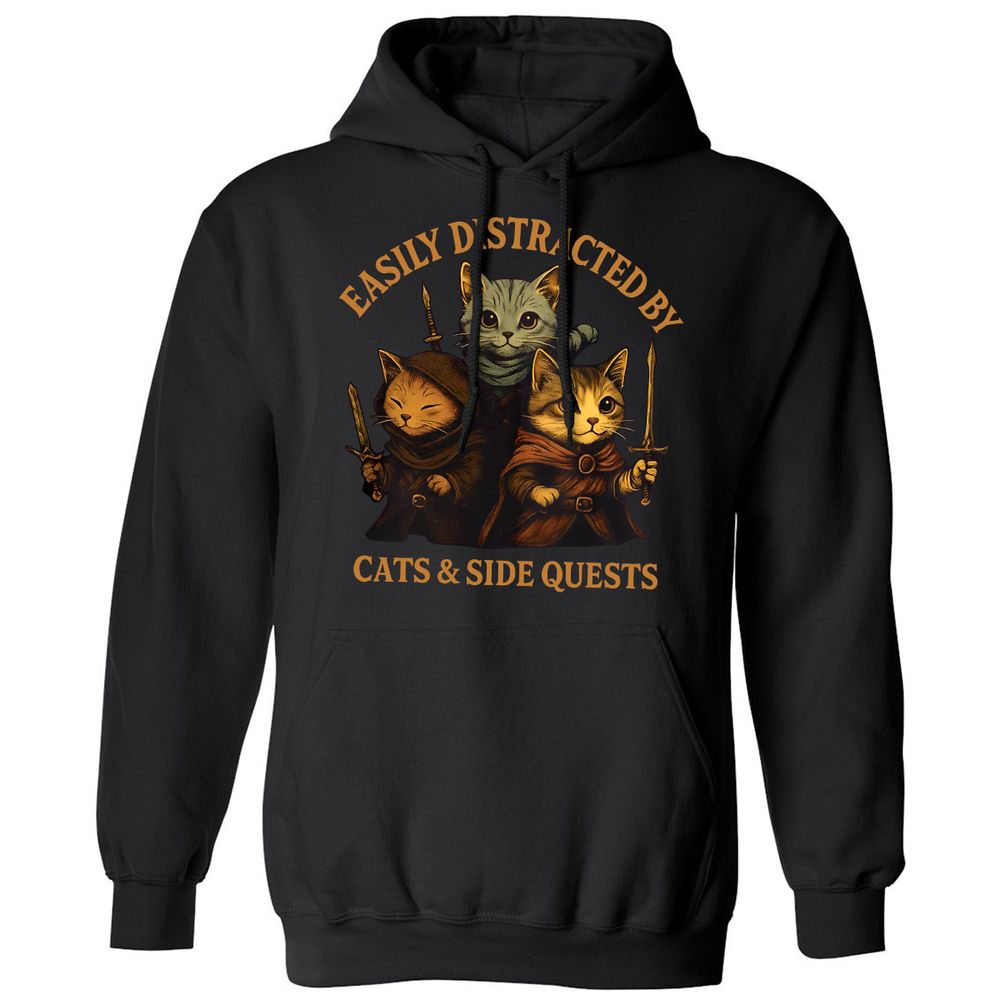 Easily Distracted By Cats & Side Quests Classic Unisex Hoodie - Black - 1