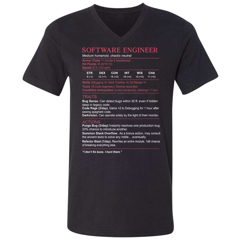 Software Engineer Stats Unisex V-Neck T-Shirt - Black - 1