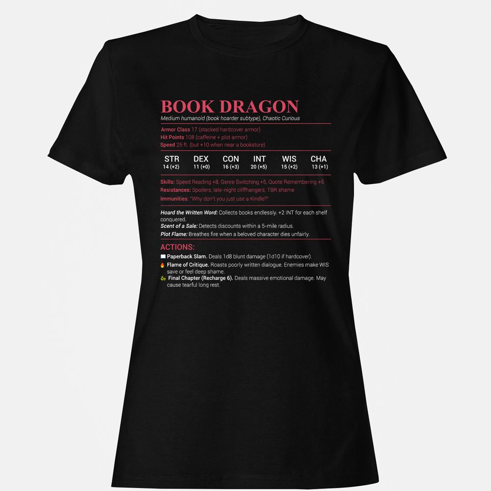Book Dragon Stats Women's T-Shirt - Black - 1