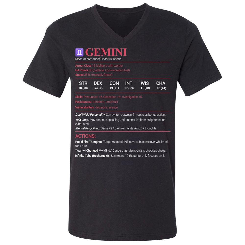 Gemini Stats Unisex V-Neck T-Shirt - Black - 1