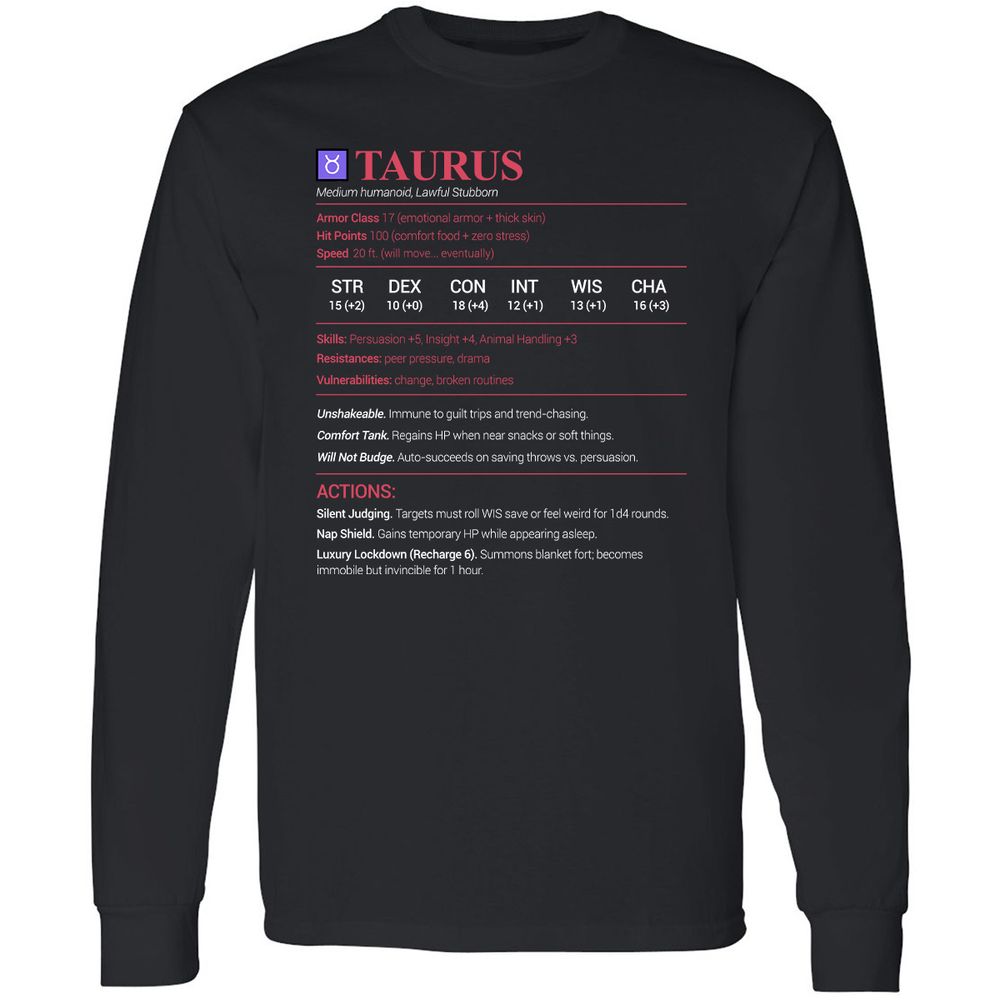 Taurus Stats Long Sleeve T-Shirt - Black - 1