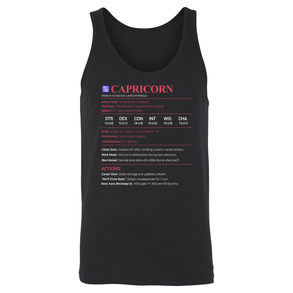 Capricorn Stats Unisex Jersey Tank - Black - 1
