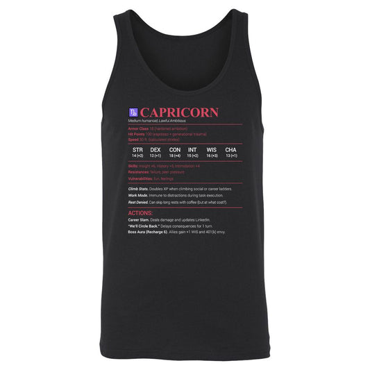 Capricorn Stats Unisex Jersey Tank - Black - 1