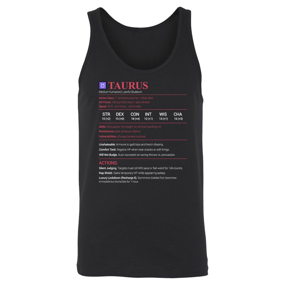 Taurus Stats Unisex Jersey Tank - Black - 1