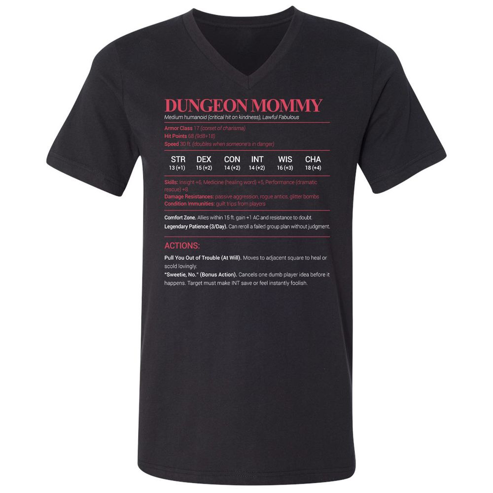 Dungeon Mommy Stats Unisex V-Neck T-Shirt - Black - 1